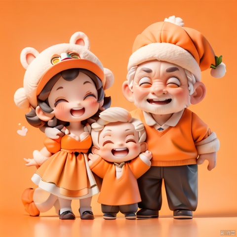  A family, mom and dad grandpa and grandma and a little kid,(Simple orange background:1.5),2D, hat