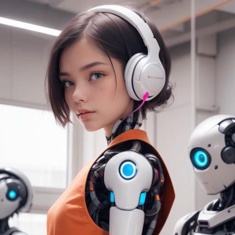  1girl,(A Robot:1.1),orange,Wearing headphones,Upper body, machinery,(smile:0.9),black_hair,