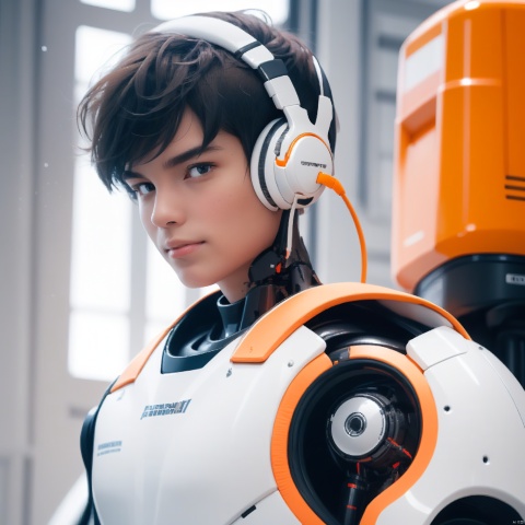  1man,A Robot,orange,(white headphones),Upper body, machinery,machinery,(smile:1.0),black_hair,