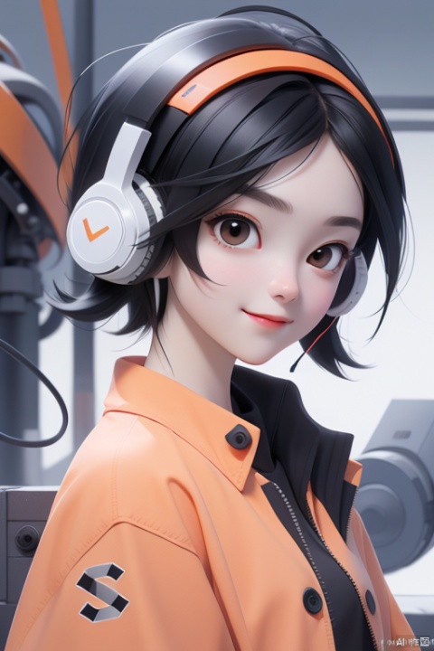  1girl,(A Robot:0.5),orange,Wearing headphones,Upper body, machinery,machinery,(smile:0.6),black_hair,(simple white background:1.2)