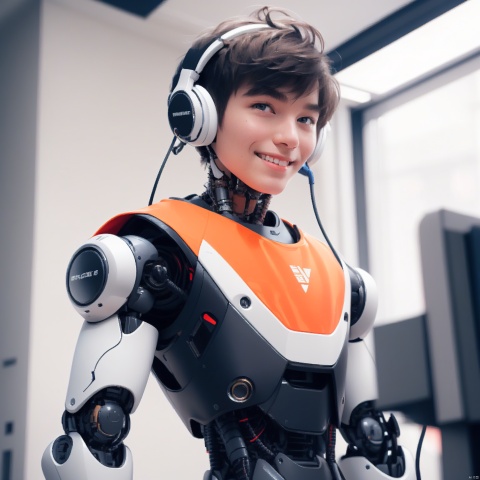  1man,A Robot,orange,(white headphones),Upper body, machinery,machinery,(smile:1.0),black_hair,