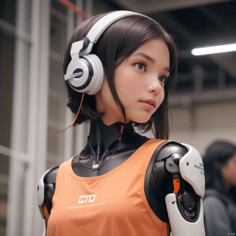  1girl,(A Robot:0.9),orange,Wearing headphones,Upper body, machinery,(smile:0.8),black_hair,