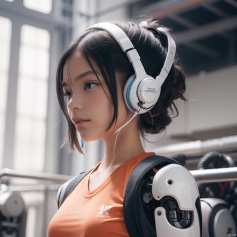 1girl,(A Robot:0.9),orange,Wearing headphones,Upper body, machinery,(smile:0.8),black_hair,
