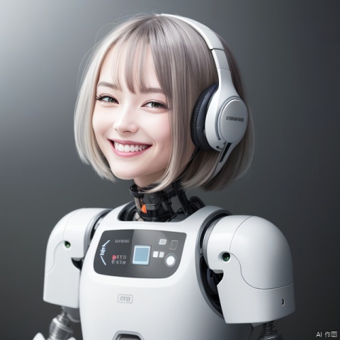 A Robot,Wearing headphones,Upper body, machinery,machinery,(smile:1.3),(black_hair:1.3)
