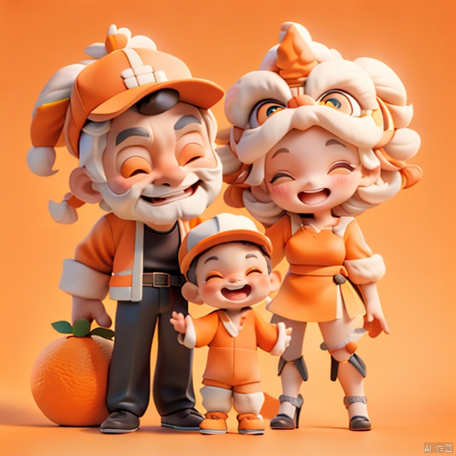  A family, mom,dad,grandpa,grandma,a little kid,(Simple orange background:1.5),Flat paint style, hat