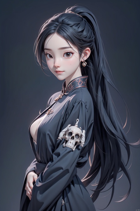  1girl,long hair,black clothes,in the dark,bones theme, chinese style,big_tits