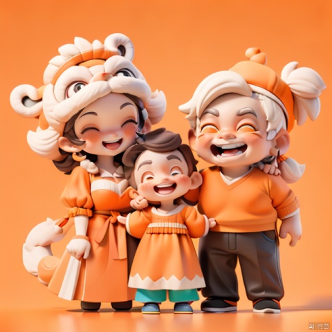  A family, mom and dad grandpa and grandma and a little kid,(Simple orange background:1.5),Flat paint style, hat
