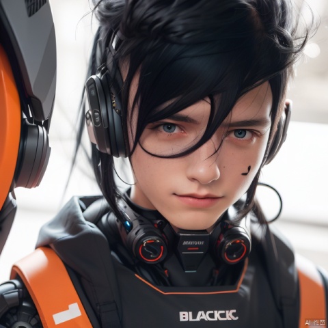  A Robot,orange,Wearing headphones,Upper body, machinery,machinery,(smile:1.1),(black_hair:1.6)