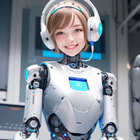  1girl,(A Robot:1.3),orange,Wearing headphones,Upper body, machinery,machinery,(smile:1.3),black_hair,