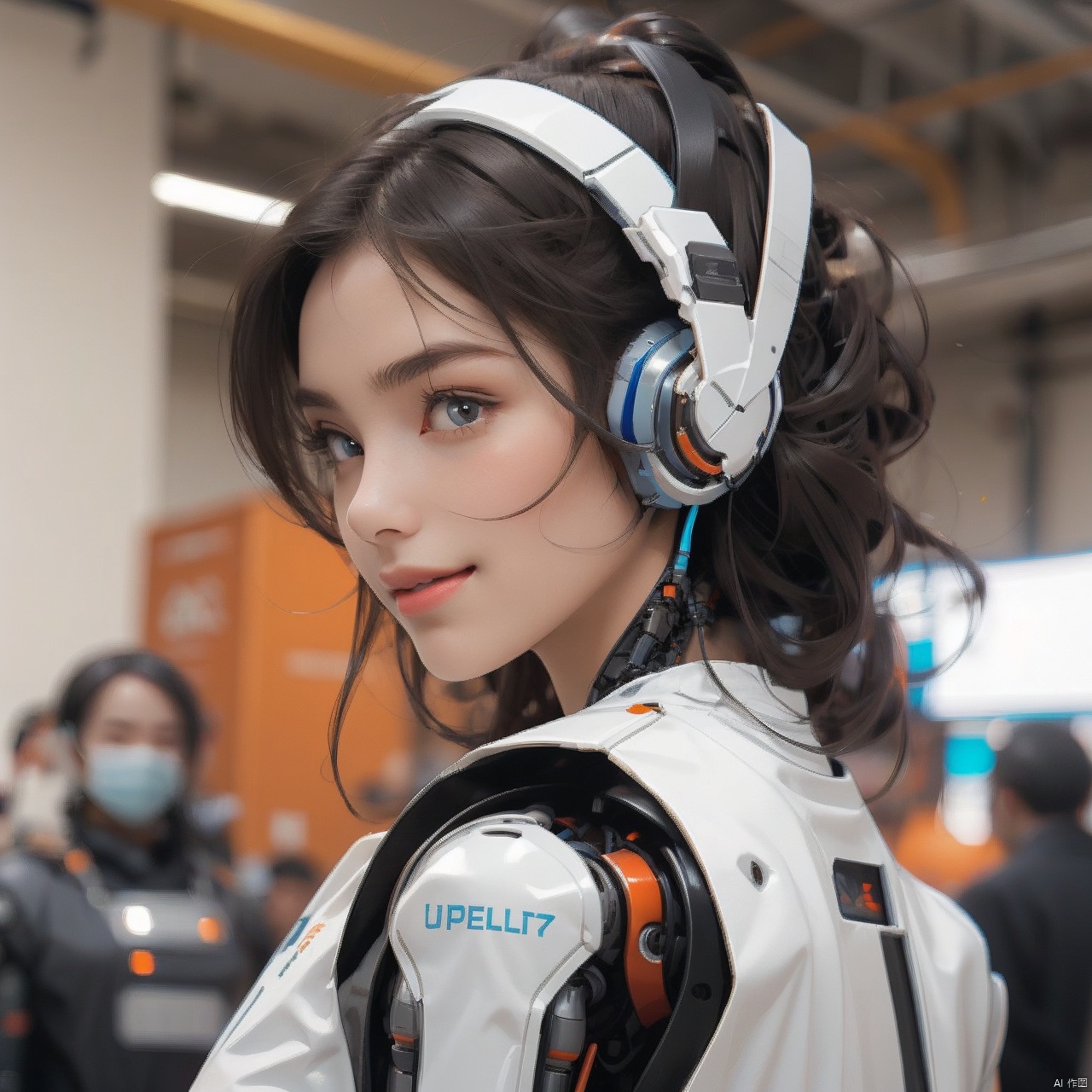  1girl,(A Robot),orange,Wearing headphones,Upper body, machinery,(smile:0.9),black_hair,