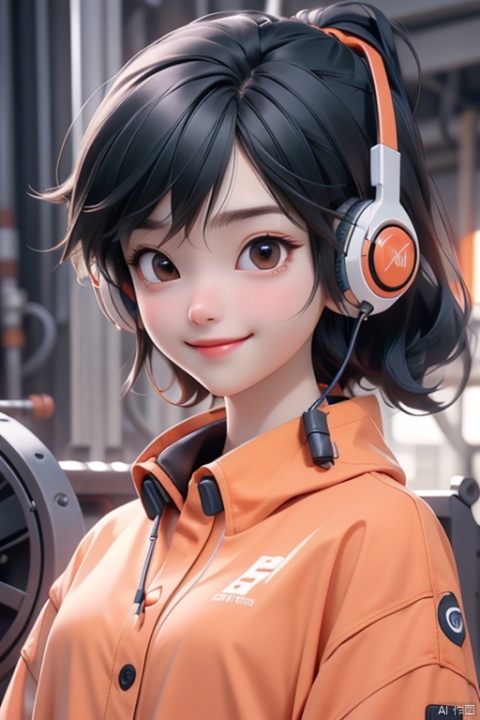  1girl,(A Robot:0.5),orange,Wearing headphones,Upper body, machinery,machinery,(smile:1),black_hair,(Open mouth:0.4)