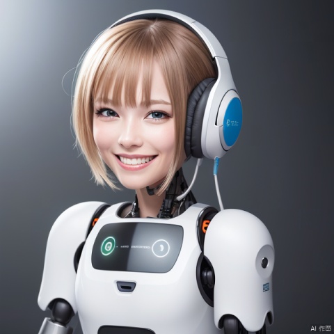 A Robot,Wearing headphones,Upper body, machinery,machinery,(smile:1.3),black_hair