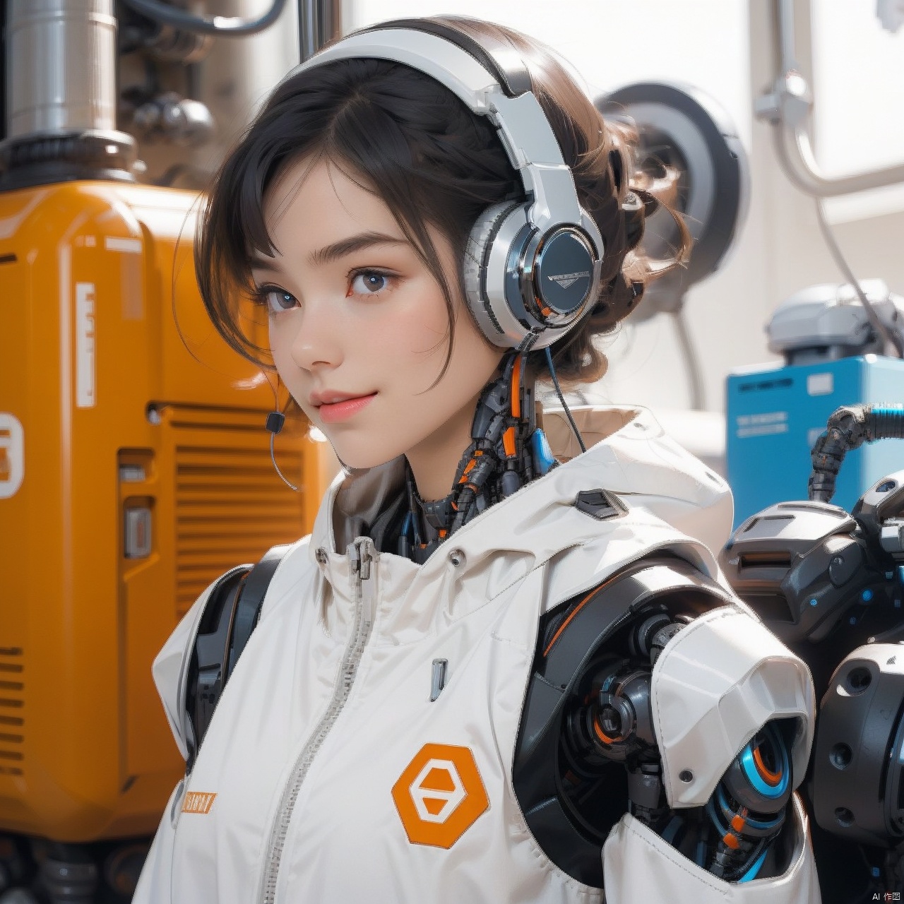  1girl,(A Robot),orange,Wearing headphones,Upper body, machinery,(smile:0.9),black_hair,