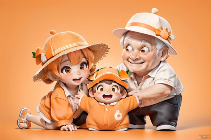  A family, mom,dad,grandpa,grandma,a little kid,(Simple orange background:1.5),Flat paint style, hat, 30710