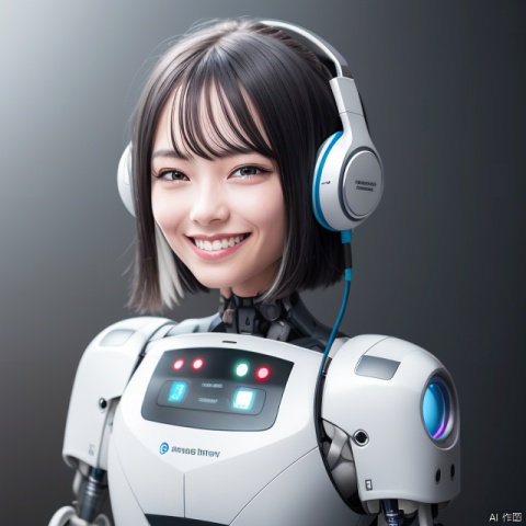 A Robot,Wearing headphones,Upper body, machinery,machinery,(smile:1.3),(black_hair:1.3)