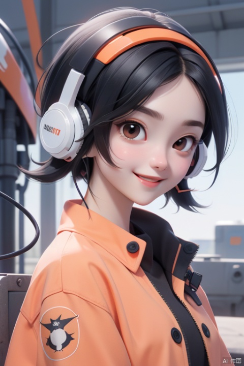  1girl,(A Robot:0.5),orange,Wearing headphones,Upper body, machinery,machinery,(smile:1),black_hair,(Open mouth:1)