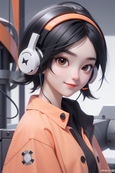  1girl,(A Robot:0.5),orange,Wearing headphones,Upper body, machinery,machinery,(smile:0.2),black_hair,(Solid background)