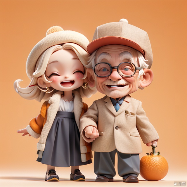 A child, a woman, a man, an old man,an old woman,(Simple orange background:1),hat