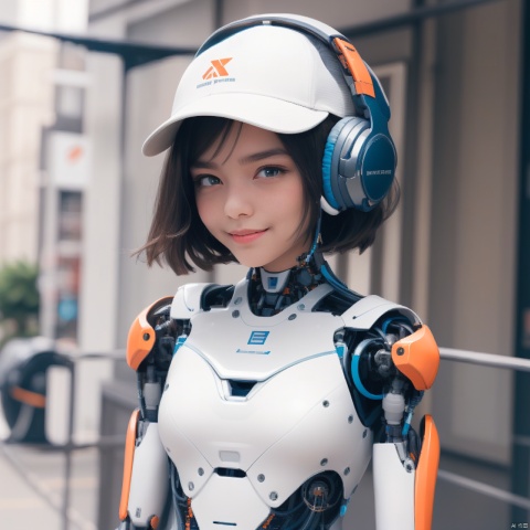  1girl,(A Robot:1.1),orange,Wearing headphones,Upper body, machinery,(smile:0.9),black_hair,