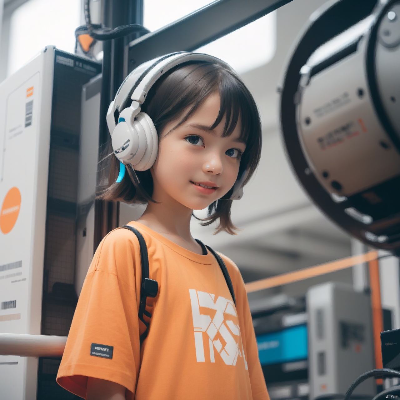  1girl,(A Robot:0.9),orange,Wearing headphones,Upper body, machinery,(smile:0.9),black_hair,