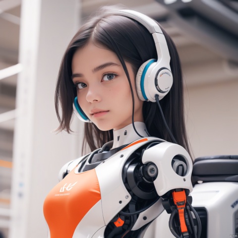  1girl,A Robot,orange,Wearing headphones,Upper body, machinery,(smile:0.8),black_hair,