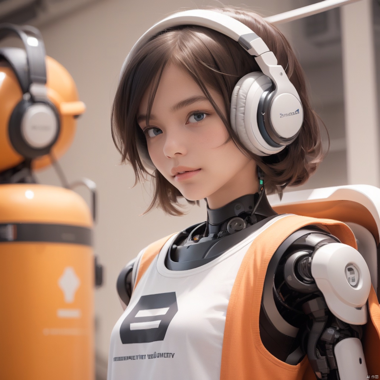  1girl,(A Robot:0.9),orange,Wearing headphones,Upper body, machinery,(smile:0.8),black_hair,