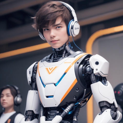  1man,A Robot,orange,(white headphones),Upper body, machinery,machinery,(smile:1.0),black_hair,