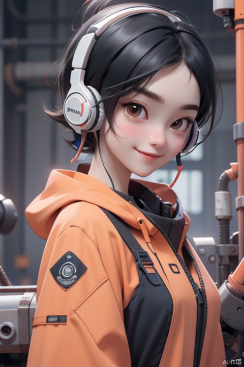  1girl,(A Robot:0.5),orange,Wearing headphones,Upper body, machinery,machinery,(smile:1),black_hair,