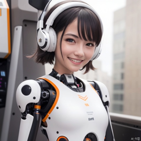  1girl,A Robot,orange,Wearing headphones,Upper body, machinery,machinery,(smile:1.3),black_hair,(Simple background),