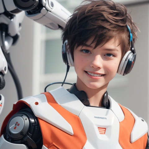  1boy,A Robot,orange,Wearing headphones,Upper body, machinery,machinery,(smile:1.3),black_hair,
