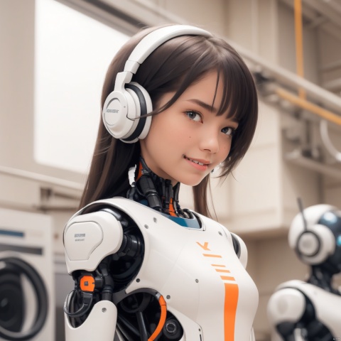  1girl,A Robot,orange,Wearing headphones,Upper body, machinery,(smile:1.1),black_hair,