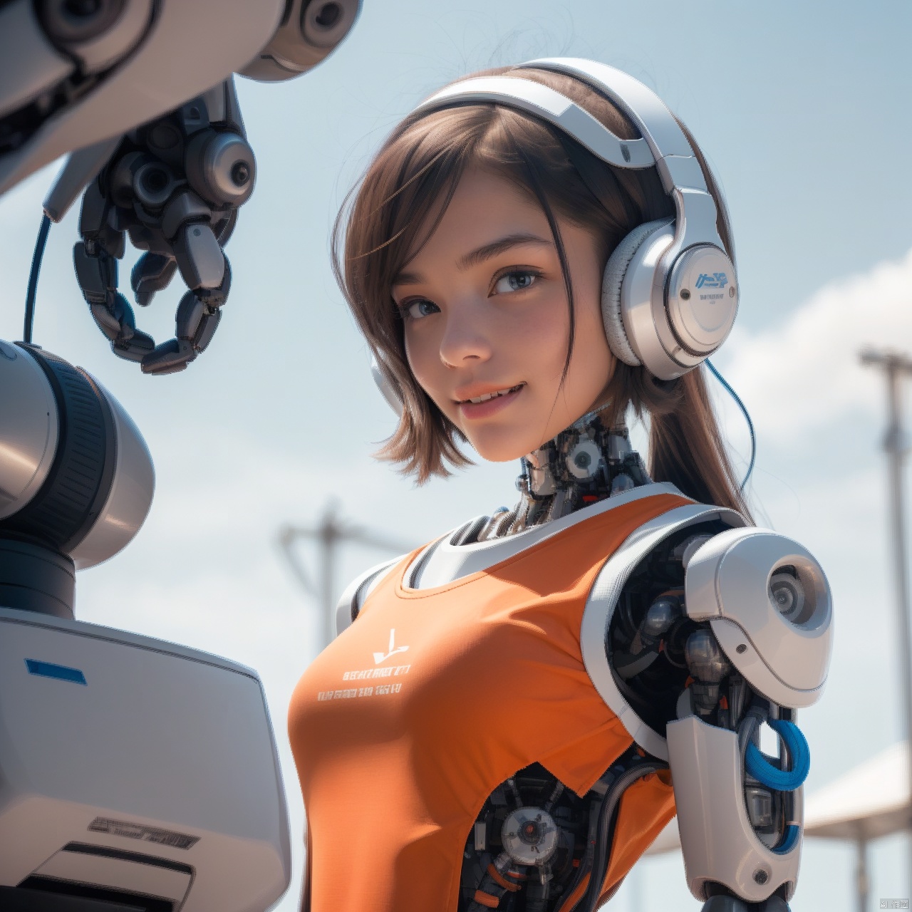  1girl,(A Robot:1.1),orange,Wearing headphones,Upper body, machinery,(smile:0.9),black_hair,