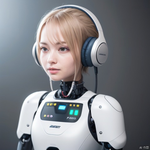 A Robot,Wearing headphones,Upper body, machinery,machinery, 