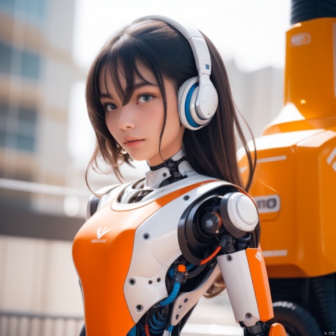  1girl,(A Robot:1.1),orange,Wearing headphones,Upper body, machinery,(smile:0.9),black_hair,