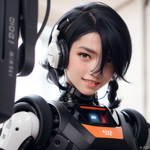  A Robot,Wearing headphones,Upper body, machinery,machinery,(smile:1.1),(black_hair:1.5)