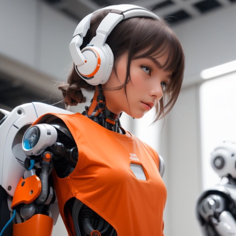  1girl,(A Robot),orange,Wearing headphones,Upper body, machinery,(smile:0.9),black_hair,