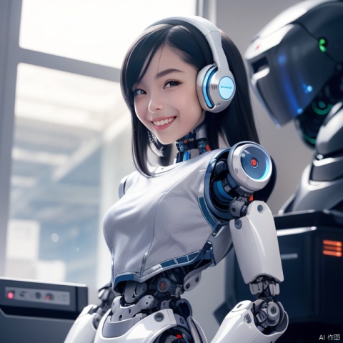  1girl,(A Robot:1.3),orange,Wearing headphones,Upper body, machinery,machinery,(smile:1.3),black_hair,