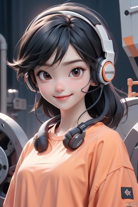  1girl,(A Robot:0.5),orange,Wearing headphones,Upper body, machinery,machinery,(smile:1),black_hair,(Open mouth:0.9)