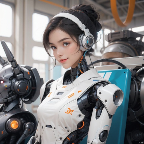  1girl,(A Robot),orange,Wearing headphones,Upper body, machinery,(smile:0.9),black_hair,