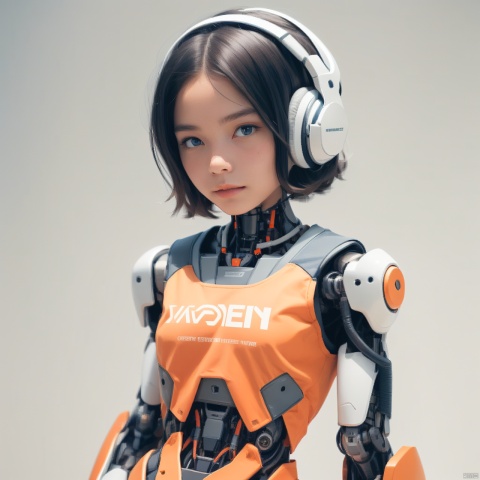  1girl,A Robot,orange,Wearing headphones,Upper body, machinery,(smile:0.8),black_hair,