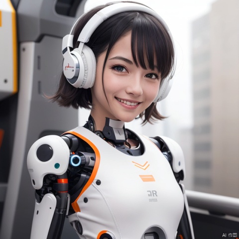  1girl,A Robot,orange,Wearing headphones,Upper body, machinery,machinery,(smile:1.3),black_hair,(Simple background),