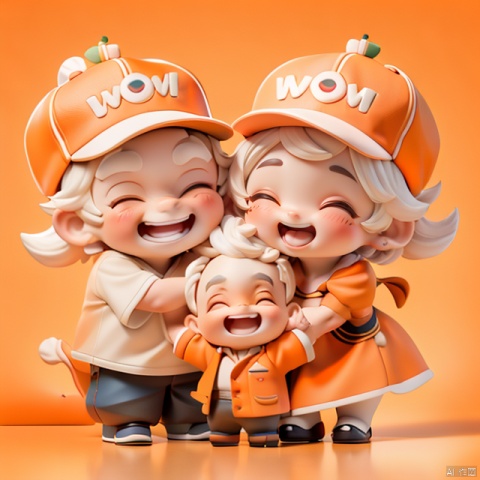  A family, mom and dad grandpa and grandma and a little kid,(Simple orange background:1.5),2D, hat