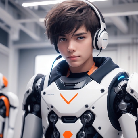  1man,A Robot,orange,(white headphones),Upper body, machinery,machinery,(smile:1.0),black_hair,