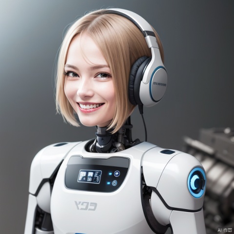 A Robot,Wearing headphones,Upper body, machinery,machinery,(smile:1.3),black_hair