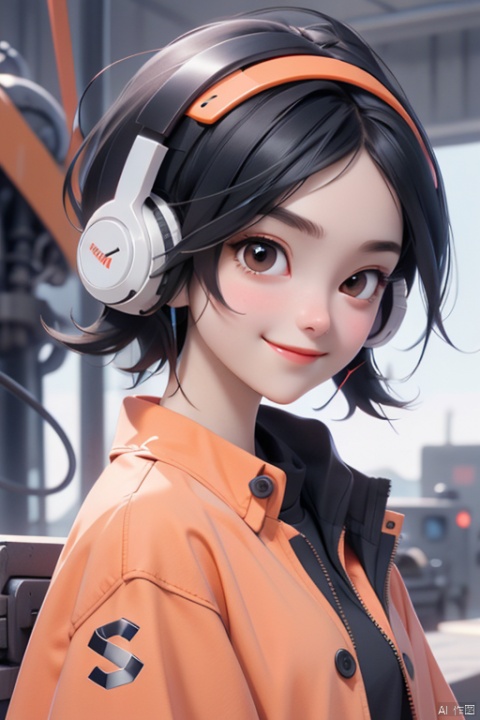  1girl,(A Robot:0.5),orange,Wearing headphones,Upper body, machinery,machinery,(smile:1),black_hair,