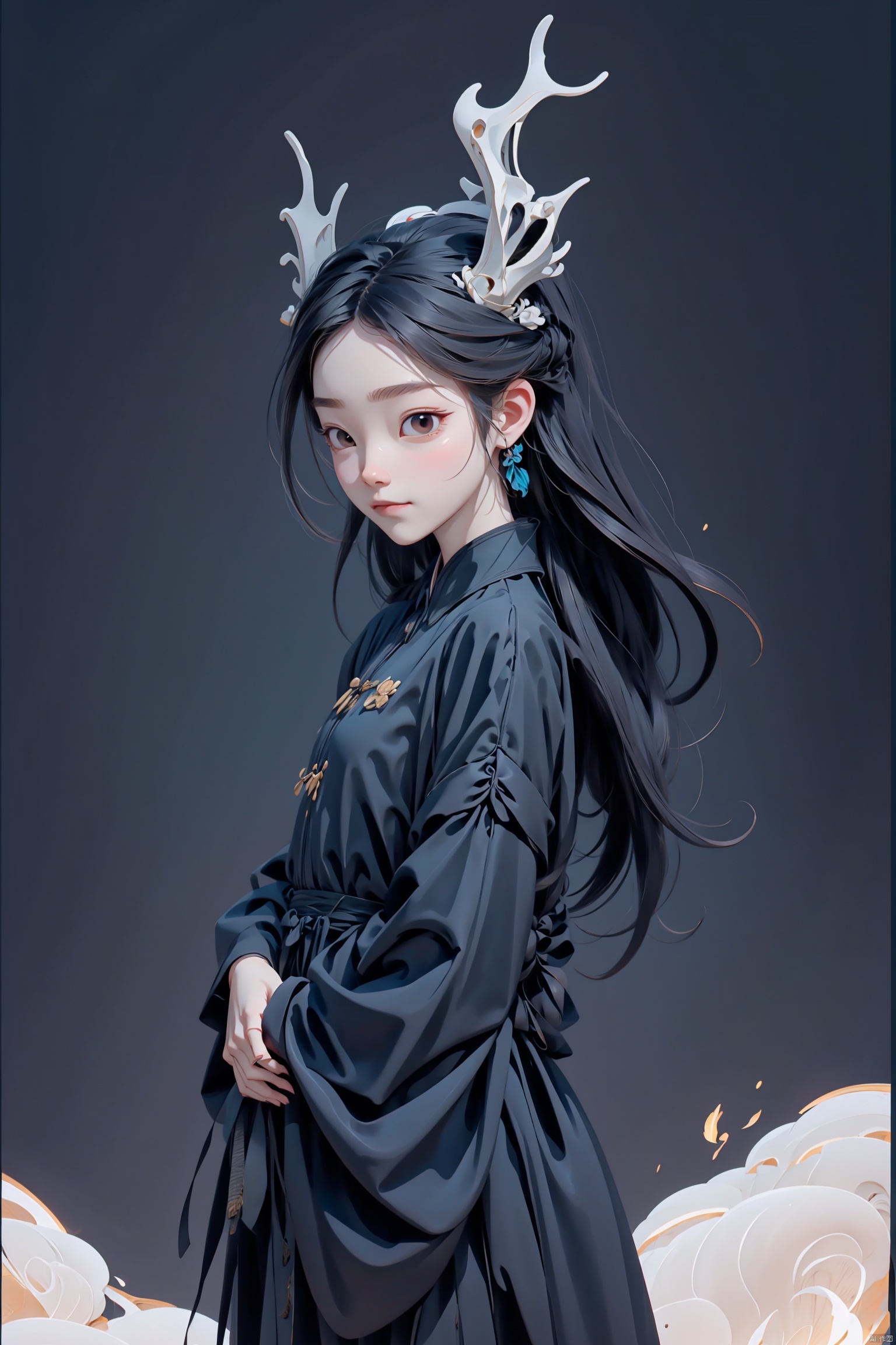  1girl,long hair,black clothes,in the dark,bones theme, chinese style