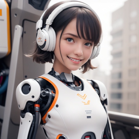  1girl,A Robot,orange,Wearing headphones,Upper body, machinery,machinery,(smile:1.3),black_hair,