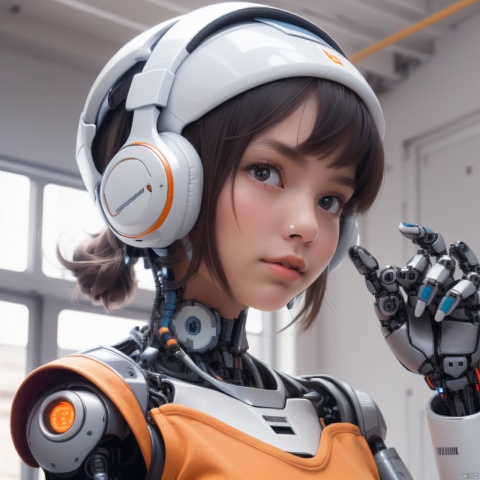  1girl,(A Robot),orange,Wearing headphones,Upper body, machinery,(smile:0.9),black_hair,