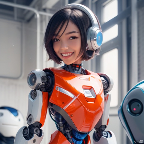  1girl,(A Robot:1.3),orange,Wearing headphones,Upper body, machinery,machinery,(smile:1.3),black_hair,