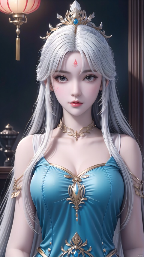 masterpiece,(best quality),official art, extremely detailed cg 8k wallpaper,((crystalstexture skin)), (extremely delicate and beautiful),highly detailed,1girl,solo,long hair,headwear,(standing),(white hair),(( dress)),, (chinese_clothes),(long_skirts),(long dress),((upper body)), (medium breasts),((hair_ornament)),(facial mark),(sunshine, indoor,(bed)),((looking_at_viewer)),((Facing the camera)), 